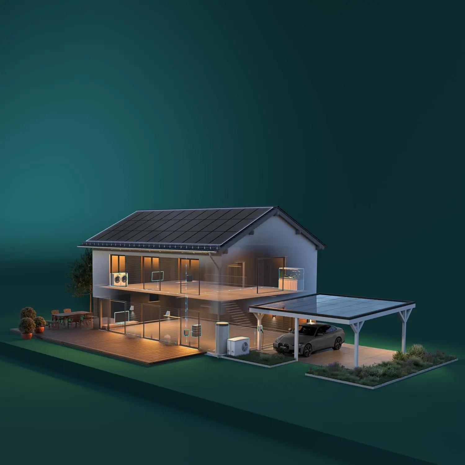 A 3D model of a house and a carport with a solar system as a roof.